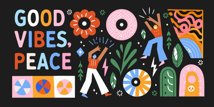 Retro floral ornament and geometric shapes vector illustration on black background