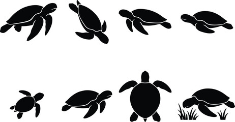 Set of turtle silhouette vector illustrations featuring swimming, crawling, resting, top‑view, extended flippers, tucked limbs, and grass scenes © MstMostarina