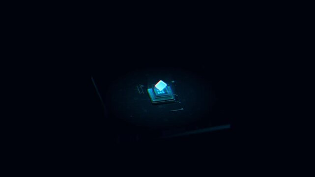 Luminous abstract mainframe block stands isolated in a vast dark data void space for minimalism corporate tech background intro sequences
