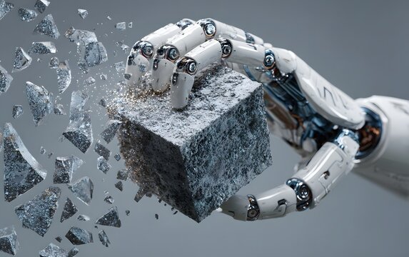 A powerful robotic hand shatters a cube, symbolizing innovation and strength in technology