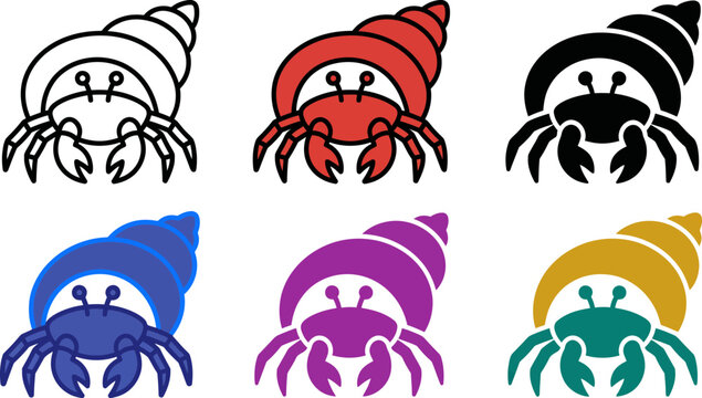 Colorful hermit crabs in different colors on white background