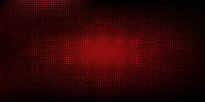 Red LED panel light with screen overlay and digital grid board effect. 3D concert stage texture or television studio pattern. Neon dot glow or abstract halftone points for technology art displays.