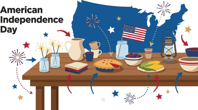 Wooden table carries traditional holiday treats and a small flag against a silhouette of the USA.