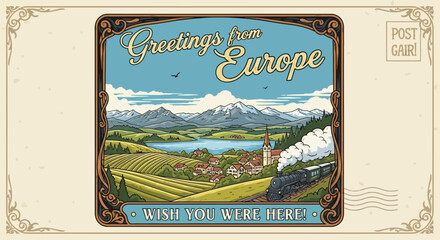 Vintage Europe Greetings Postcard: Train, Mountains, Village, Lake © potet
