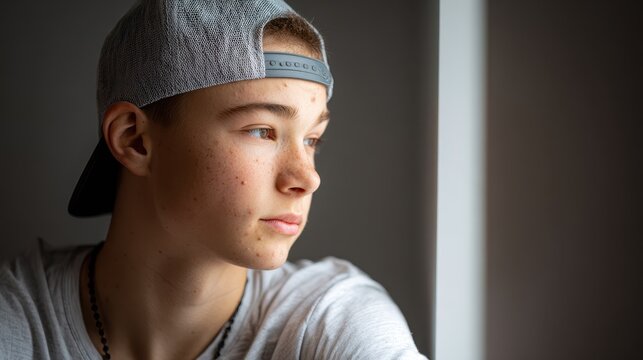 Casual teen portrait showing acne-prone skin, backward baseball cap, and a sideways gaze