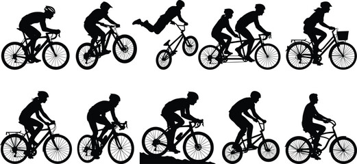 Naklejka premium Cycling silhouette collection featuring road bikes, mountain bikes, BMX stunts, tandem bicycle, city bike, diverse cycling activities