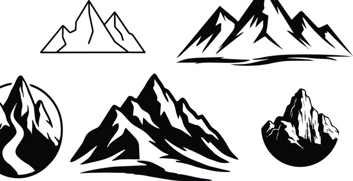 Minimalist and detailed mountain range silhouette illustration set with sharp peaks, valleys, circular frames, textured outlines for logo design