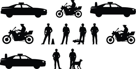 Police silhouettes collection, officers cars motorcycles dogs, law enforcement vector, traffic control security illustration, public safety design artwork © MOSTSHAHANAJ