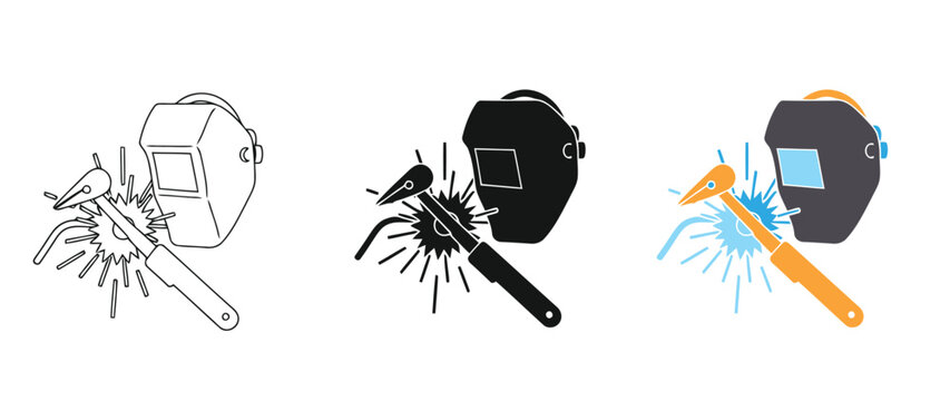 Welder Using Different Types Of Welding Helmets And Tools Illustration