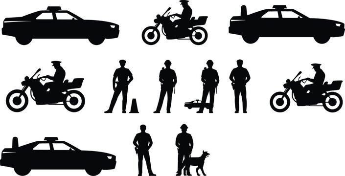 Police silhouettes collection, officers cars motorcycles dogs, law enforcement vector, traffic control security illustration, public safety design artwork