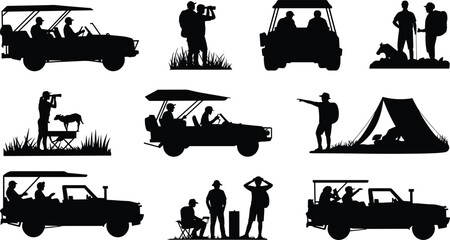 Obraz premium Safari outdoor silhouettes, wildlife observation adventure, binoculars tents vehicles animals, wilderness exploration vector, travel nature illustration design
