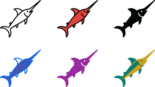 Colorful swordfish icons in different colors on white background