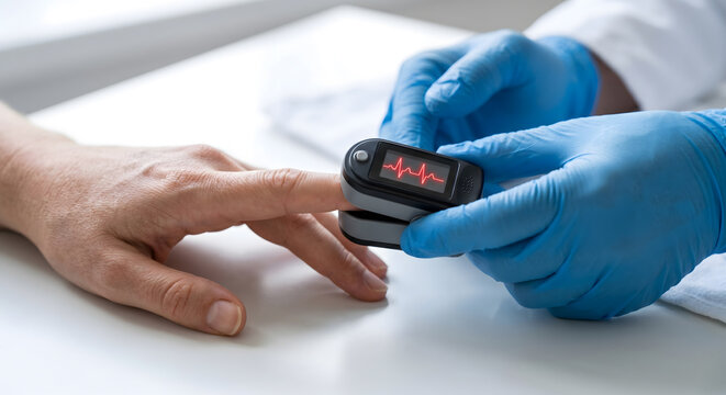 Doctor wearing blue gloves uses pulse oximeter on patient finger monitoring heart rate and oxygen saturation.