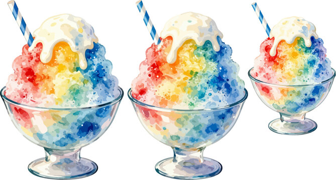 Colorful shaved ice desserts, sweet treats, icy snacks, dessert bowls