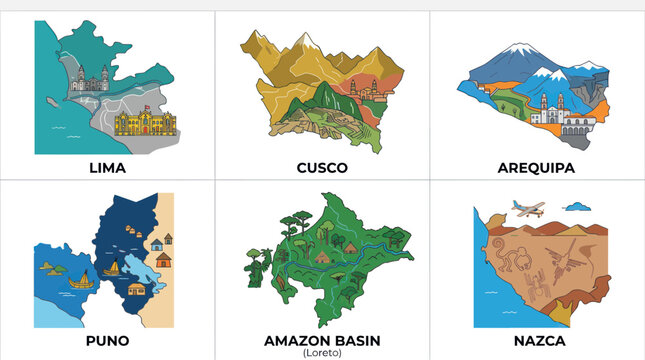 Peru Regions Map Illustrations: Lima, Cusco, Arequipa, Puno, Amazon, Nazca