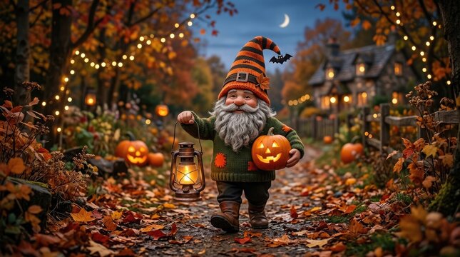 Halloween gnome walking down a spooky autumnal path with lantern and jack o lantern on a magical night
