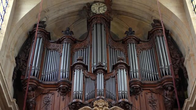 Upward view of the pipe organ inside the Royal Chapel at Versailles