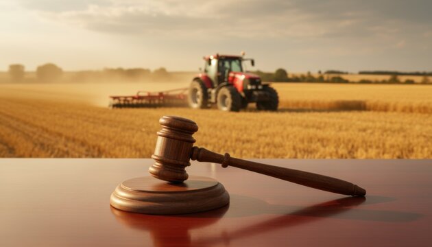 Wooden judge gavel stands on wooden table in front of red tractor plowing farm field under sunset light representing agricultural legal disputes
