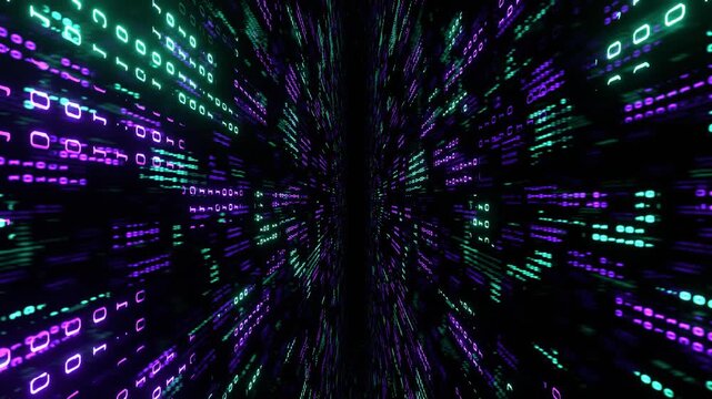 Turquoise and Purple Matrix Сode Сorridor Тeon Вigital Technologies Background VJ Loop in 4K