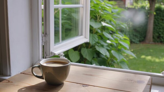 Steaming cup of coffee on a wooden windowsill overlooking a lush garden. Seamless looping 4k video background