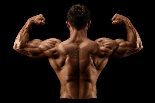 Male bodybuilder flexing back muscles in studio with dark background