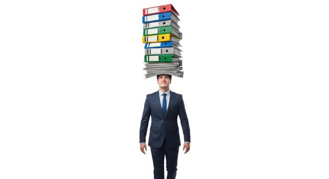 Businessman balancing stack of binders on his head