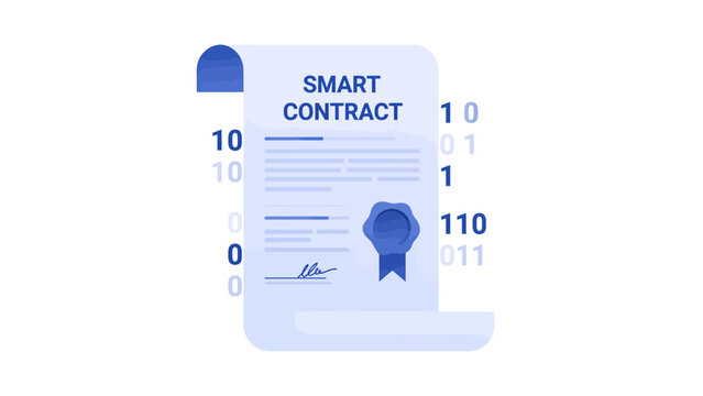 Smart contract digital document with binary code and seal illustration