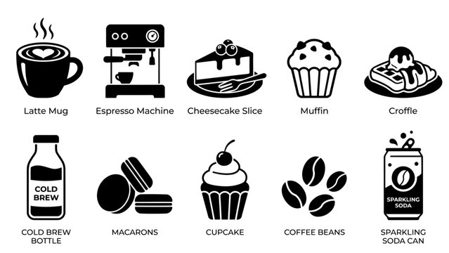 Black and white food and drink icons on white background