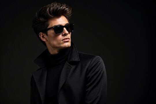 Young man wearing sunglasses and coat in dark portrait studio
