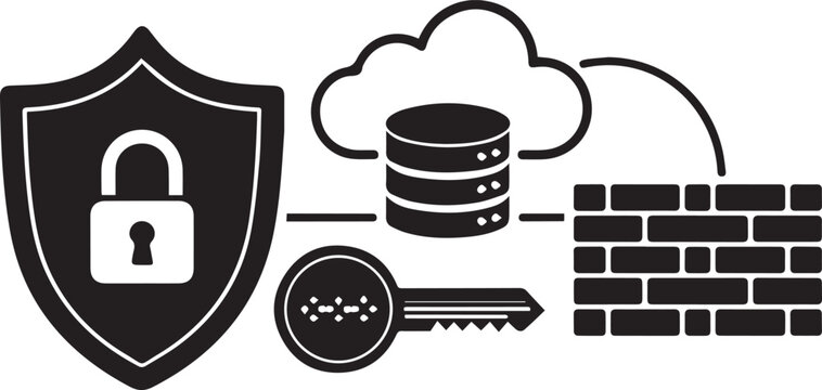 Silhouette of security shield, padlock, key, and cloud database behind firewall on white background