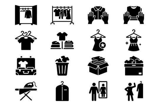 Clothing symbols: wardrobe, laundry, ironing, fashion icons and dress code concepts.