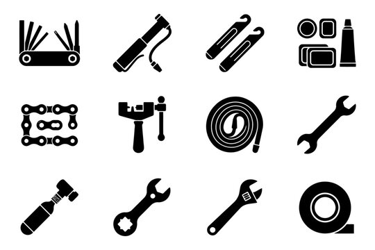 Bicycle repair tools set icons including wrench, pump, chain, tape, patches.