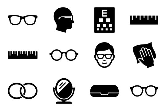 Optical tools and icons collection with glasses, rulers, and face profiles.