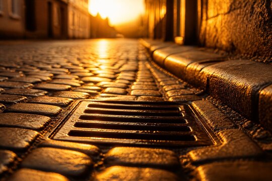Cobblestone street drain reflecting warm light at sunset
