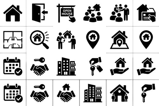 Real estate icons set featuring house, key, handshake, and location symbols.