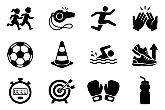 Collection of sports and fitness icons including running, swimming, and boxing symbols.