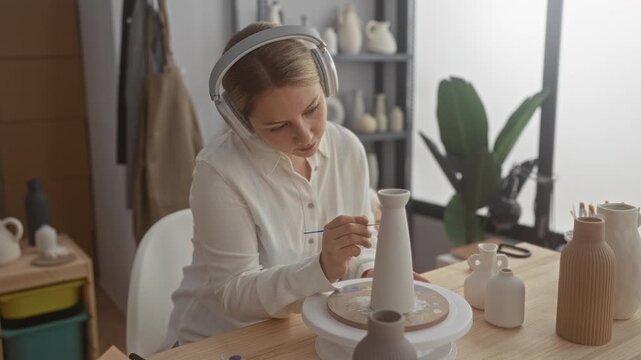 Woman paints a tall ceramic vase with a fine brush, wearing headphones and white shirt in a pottery studio; calm creativity.