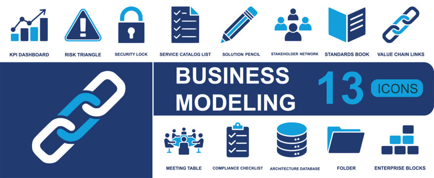 Business modeling icon set. Containing KPI dashboard, risk alert, security lock, service catalog, stakeholder network, standards book, value chain, compliance checklist and more.