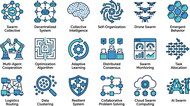Swarm intelligence and multi-agent systems concept icons set