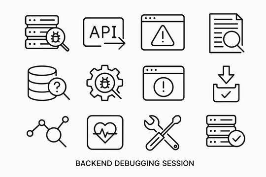 Backend Debug Icon Set. Backend debugging session. Line outline icon set of Backend debugging session: server