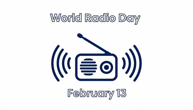 World Radio Day graphic with radio icon and sound waves. February 13 celebration banner. Minimalist illustration for broadcasting and communication media