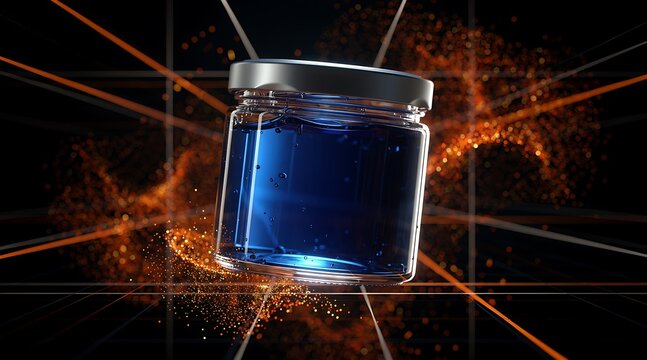 Glass jar filled with vibrant blue liquid and abstract glowing particles.