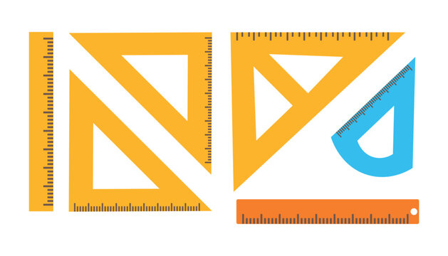 School stationery set. Collection of rulers, triangle rulers and protractor for geometry, drafting and mathematics. Education tools for students and architects. Flat vector illustration isolated on wh