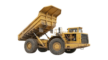 Large yellow mining dump truck with raised cargo bed for heavy industry on transparent background file. © Png ProTeam