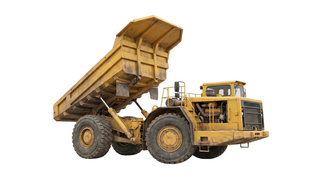 Large yellow mining dump truck with raised cargo bed for heavy industry on transparent background file.