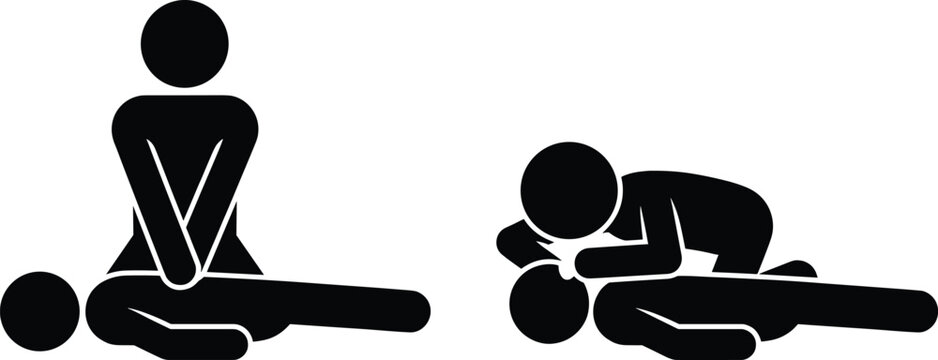 CPR and mouth-to-mouth resuscitation first aid steps icon set with stick figure silhouettes vector illustration