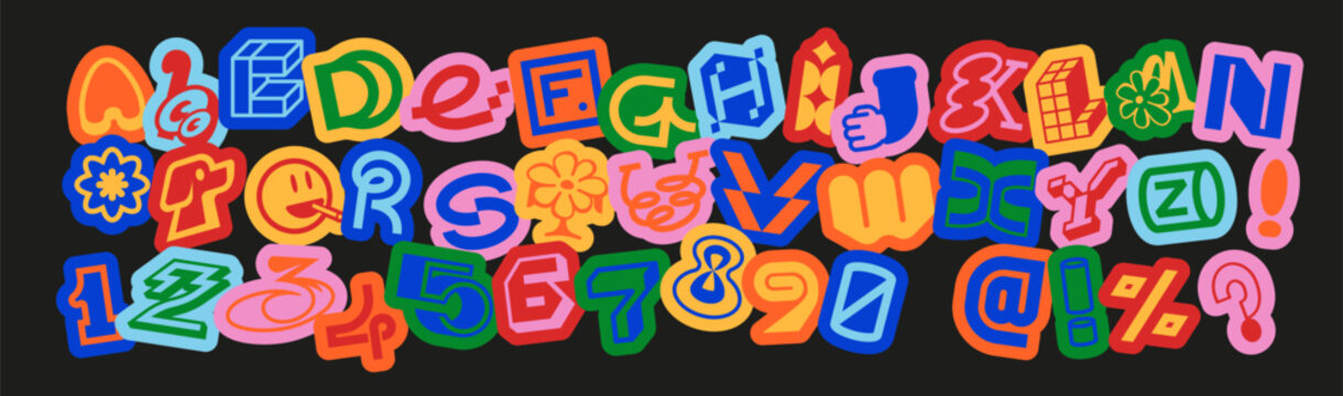Bright playful alphabet with bold sticker-style random letters, ransom font, numbers and symbols. Great for logos, posters, kids designs, games, branding and creative typography.