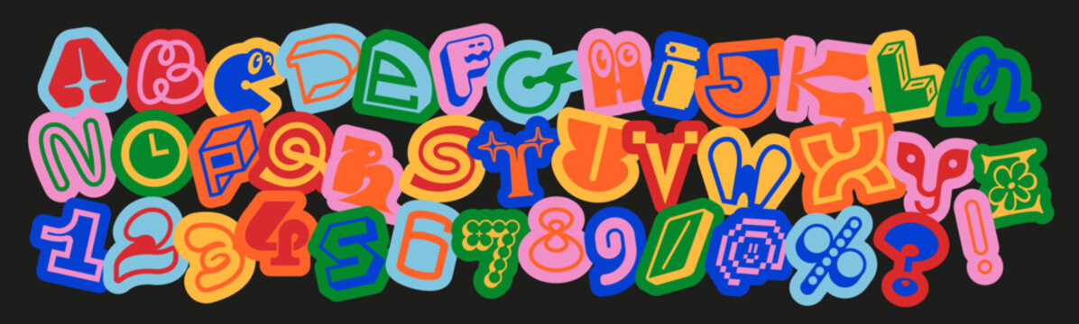 Vibrant pop alphabet with playful random sticker letters, ransom font, numbers and symbols. Great for logos, posters, social media, games, kids projects and creative branding.