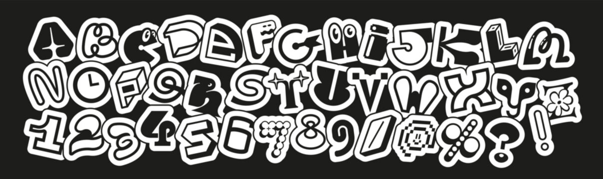 Bold black and white Y2K font, ransom alphabet with sticker random letters, numbers and symbols. Great for logos, posters, streetwear graphics, stickers and modern typography.