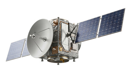 Modern orbital satellite with solar panels and dish antenna isolated on transparent background science. © Png ProTeam